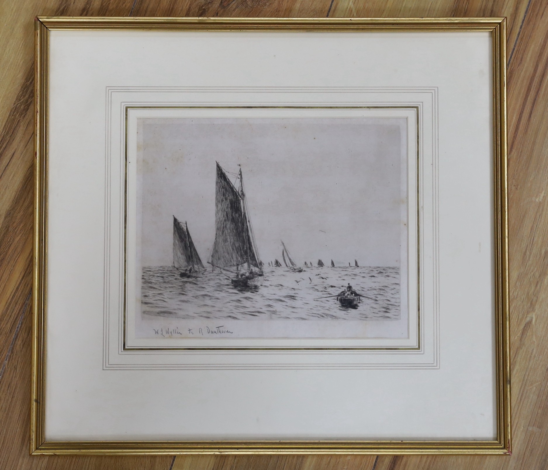 William Lionel Wyllie (1851-1931), drypoint etching, 'Fishing boats on the Hamilton Bank', signed with presentation inscription, 17 x 22cm